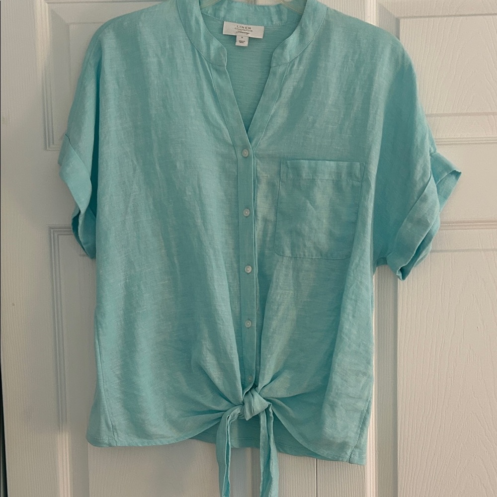 Charter Club Aqua Tie-Front Button-Down Shirt